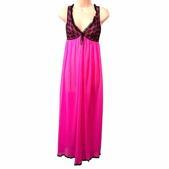 Vintage Hot Pink and Black Lace Nightgown or Slip Dress - Union Made! - Picture 2 of 9